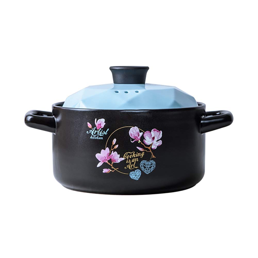 METTEOR Casserole Dishes With Lids Ceramic Clay Pot Binaural Dish Lid Cookware Flower Decoration Round Earthen High Temperature Resistance (Blue 3L)