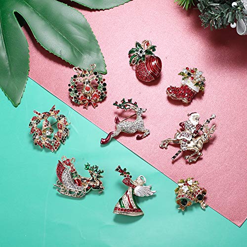 Joerica 9Pcs Christmas Brooch Pin Set For Women Men Reindeer Candy Cane Santa Socks Bell Christmas Tree Wreath Snowflake Enamel Brooch Pin Crystal Rhinestone Christmas Jewelry Gift #TOP1