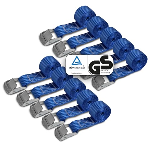 Spanngurte Zurrgurt | TÜV geprüft | Spanngurt Befestigungsgurt mit Klemmverschluss | Blau | Belastbar bis 250 kg | Diverse Längen Stückzahlen - 10er Pack 2.5 cm x 1 m