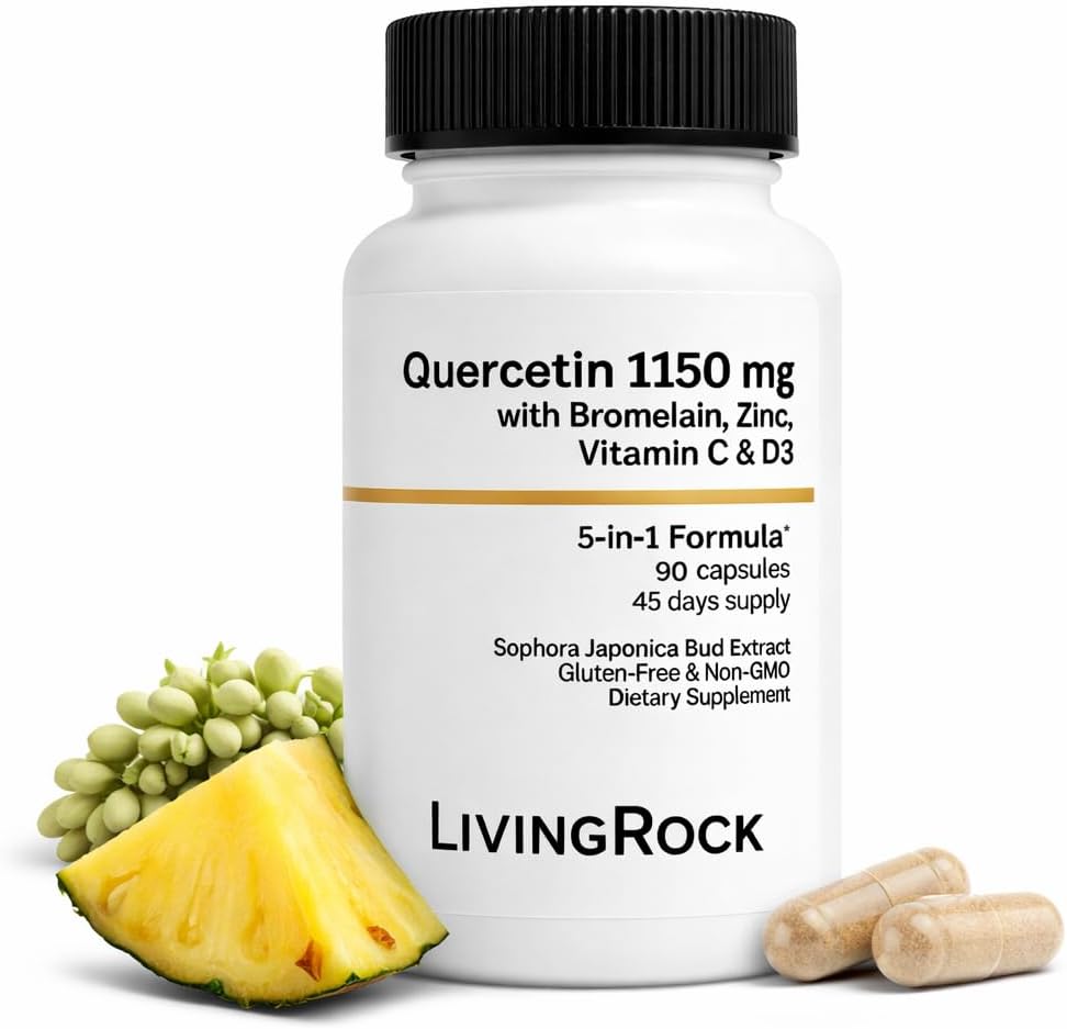 LivingRock Quercetin 1150mg with Bromelain, Zinc, Vitamin C, D3 & K2 – Plant-Based Quercetin with Bromelain Supplement for Adults, Organic Vitamin D Formula, Vegan Non-GMO, 90 Capsules