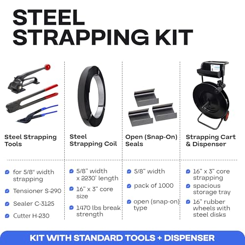 Image of Steel Strapping Kit - 5 /8 inch x 2230' (1470 lbs Break Strength) & 1000 Strapping Seals & Tensioner & Sealer & Dispenser - Extra Durable Packaging Steel Strapping Solution - P.SSK.58.FULL by IDL Packaging