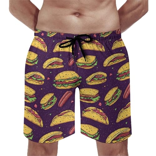 Nevjipu Pantalones cortos hawaianos para hombre con forro de malla, estampado de comida de jamón de hamburguesa, de secado rápido, trajes de baño para hombre, Multicolor, L