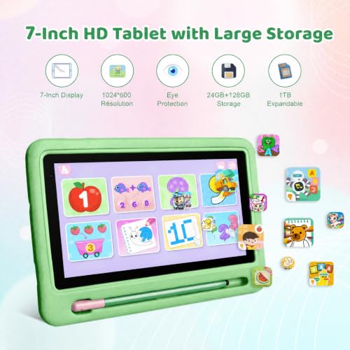 Image of Kids Tablet with Shockproof Case Stylus, Android 16 Tablet for Kids, 24GB RAM 128GB ROM 1TB TF Card Expand, Parental Control, Eye Protection, Dual Camera, 7 inch Tablet, WiFi 6 BT5.4, Green