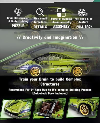 Image of Mechanical Super Car Building Blocks (470 PCS) | Pull Back Function, Openable Doors, Rubber Wheels with Golden Spokes | Highly Detailed Car Model Construction Toy for Kids 6+ Years
