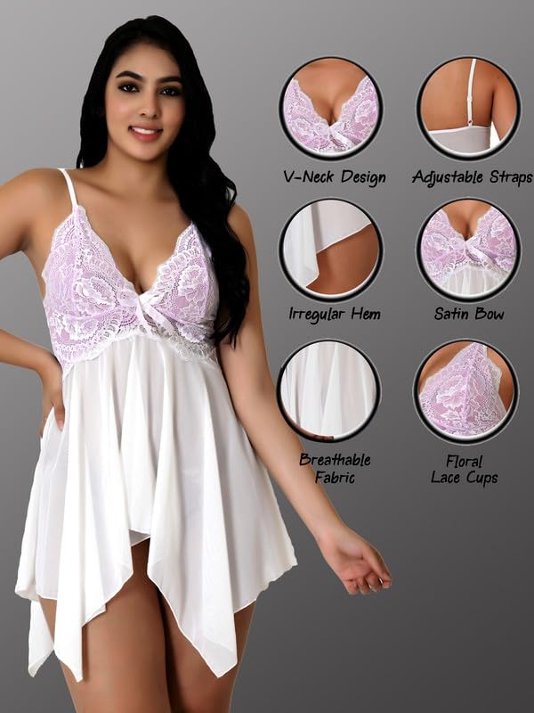 Image of Babydoll Lace Nighty with Adjustable Straps Above Knee V Neck S-3XL
