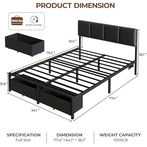 Image of Furnulem Full Size Bed Frame with Charging Station and LED Lights, PU Leather Upholstered Headboard, Metal Platform Bed with 2 Fabric Storage Drawers, Noise Free, No Box Spring Needed, Black