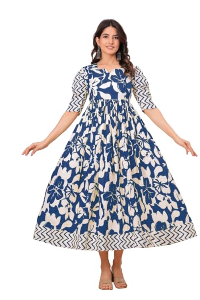 Women’s Blue Floral Printed Cotton Maternity & Nursing Gown Soft Comfortable Pregnancy Feeding Dress