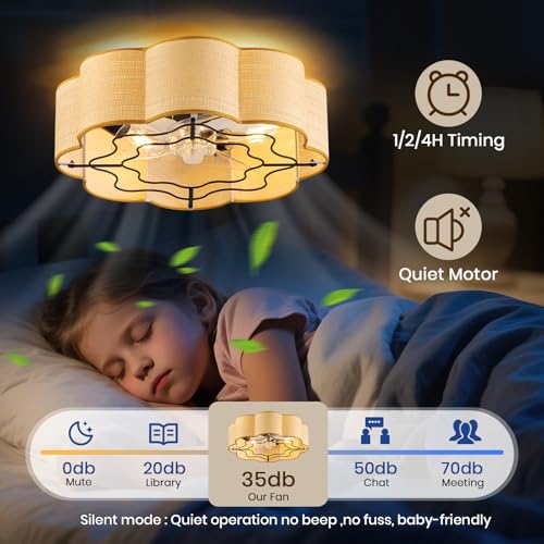 Image of Boho Caged Ceiling Fans with Lights Flush Mount, Rattan Fandelier Chandelier Ceiling Fan with Light with Remote and 6-Speed Motor for Bedroom, Nursery, Living Room