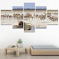 SIGNWIN 5 Panel Canvas Wall Art Modern Art Animals Dramatic Giraffe Lion Multicolor Photography Southwest for Home Decorations Ready to Hang - 60