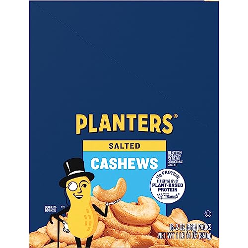 PLANTERS Salted Cashews, Roasted Cashews, Snacks for Adults, 2 oz Packages, 15 Count