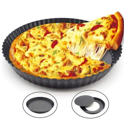 ISHWANKU Non-Stick Carbon Steel Pie Dish Tart Quiche Pizza Pan Removable Loose Bottom, 20cm, Black - 1 Pc