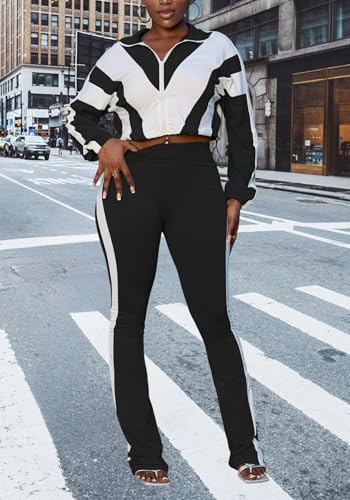 DINGANG Womens Sweatsuits 2 Piece Sets Long Sleeve Color Block Zip Up Jacket Jogger Legging Tracksuits2