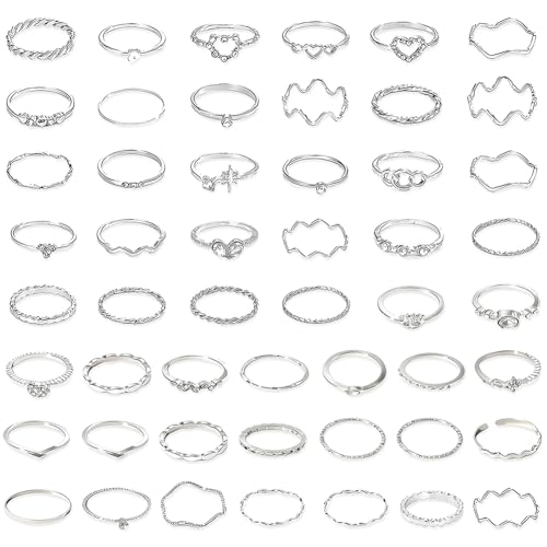 Juego de Anillos Plata Mujer, 51 Piezas Apilables Vintage de Aleación, Abiertos Ajustables Boho con Perlas Corazones Ondas Estrellas Lunas y Strass, Falange Joyas para Mujeres Niñas y Adolescentes