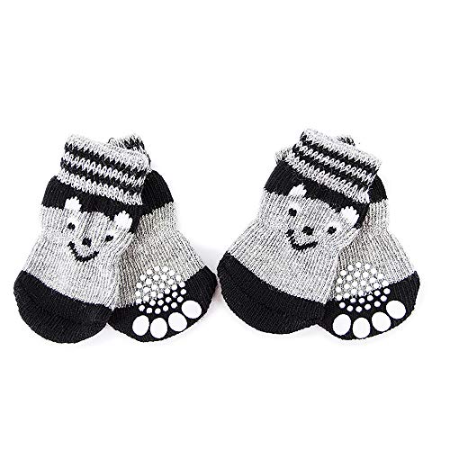 Anti-Slip Dog Socks with Smiley face Pattern - Pet Adjustable Paw Protection for Puppy Indoor Traction Wear on Hardwood Floor 4PCS (L, Gray and Black)