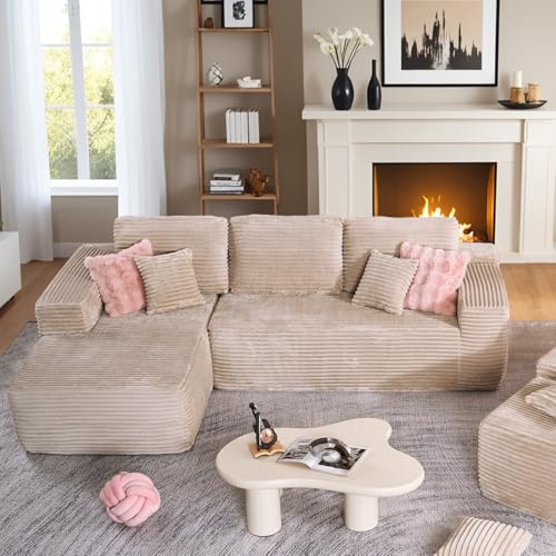 Image of HOOOWOOO Sectional L Shaped Couch,106 inch Assembly Free Modern Minimalist Sofa,Extra Deep Large Corner Sofa Couch Set in A Box for Living Room(Left Chaise Beige Velvet Uphosted)