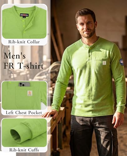 Image of BOCOMAL FR Shirts Flame Resistant Shirt 5.5oz 100% Cotton Light Weight CAT2 Fire Retardant Henley Shirts