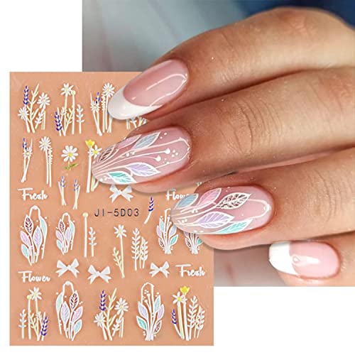 Flower Nail Art Stickers Decals White Flower Nail Stickers 5D Embossed Acrylic Engraved Nail Decals 6Pcs Pink White Floral Lace Cherry Blossom Flowers Sliders For Nails Summer Manicure Decor Accessories #TOP6