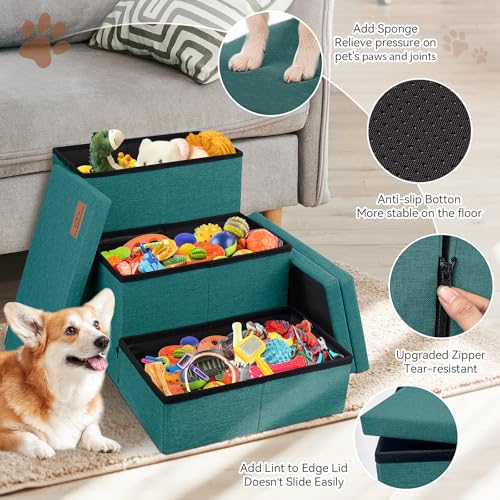 Image of Zerbuger Dog Stairs with Storage 18 inch H, 3-Step Wider Dog Steps for Small /Medium /Large Old Dogs Cats, Folding Sturdy Pet Stairs for Climbing Bed Couch, Ramp for Car Hold Up to 200 lbs, Dark Green