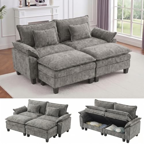 Image of IPKIG 82.3 inch Modular Cloud Couch with Storage, U Shaped Sectional Sofa with Ottoman & Pillow, Chenille Deep Seat Sectional Couches for Living Room, Apartment, Grey