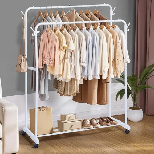 Image of Wings Star Double Pole 2 Layer Bars Cloth Stand - Freestanding Metal Garment Rack with Bottom Storage, Side Hooks & Caster Wheels - Cloth Rack for Bedroom Living Room (White L110.5 x B45 x H 149.5cm)