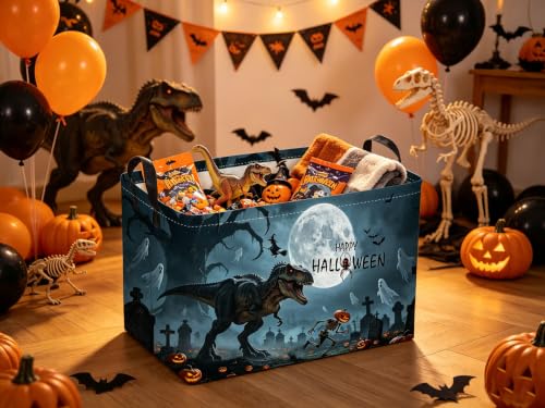 Image of Sanjiaofeng Rectangular Dinosaur Halloween Baskets,Waterproof Foldable Dinosaurs Basket with Handles,Nursery Hamper,Home Organizer,Books Box,Gift Baskets(Misty Dinosaur)