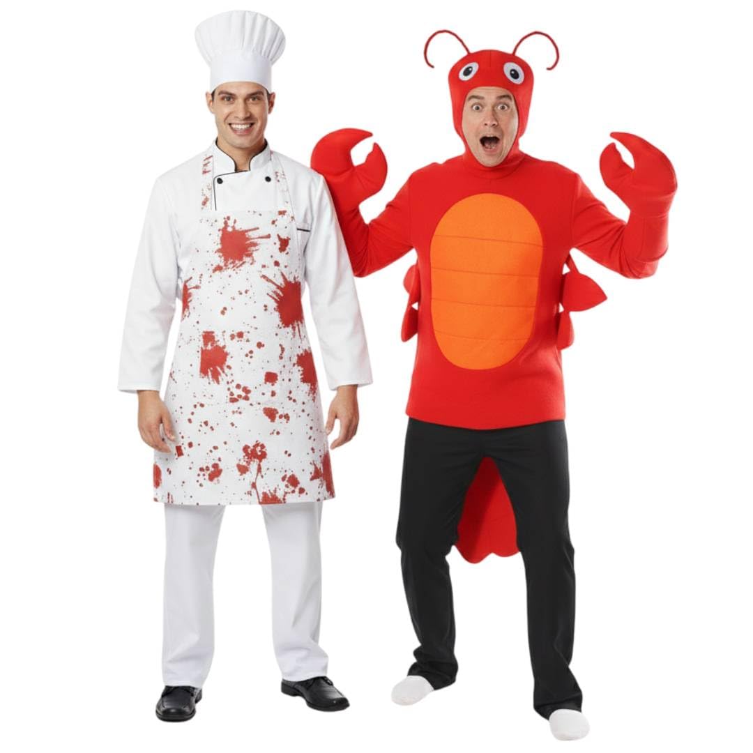 Zestaw kostiumowy dla par homara i szefa kuchni, czerwony strój homara z rękawiczkami i nakryciem głowy + czapka szefa kuchni i fartuch, zabawny kostium na Halloween, imprezy i wieczory kawalerskie