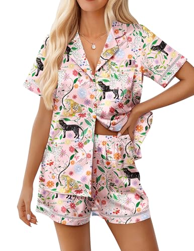 Ekouaer Womens Silk Pajama Sets Button Up Satin Pjs Short Sleeve 2 Piece Pj Sets Cute Lounge Sets with Chest Pocket Pink Leopard