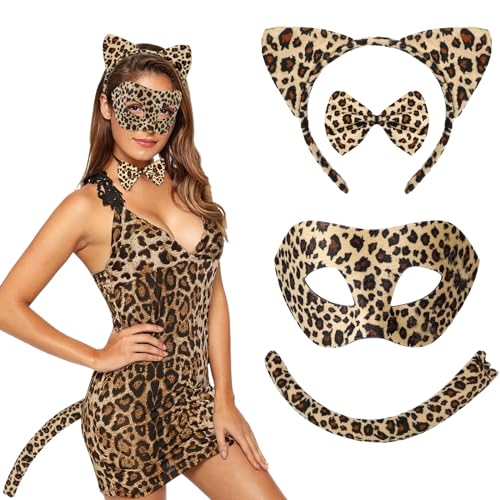 4 Pièces Costume Léopard, Oreilles Léopard Bandeau Queue Nœud Papillon Masque Animaux d'Léopard, Costume Animaux Léopard Deguisement Animaux Enfants Adultes pour Cosplay Halloween Carnaval Thème Fête