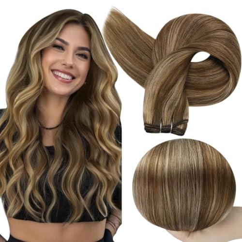 Full Shine Weft Hair Extensions Human Hair Color Brown Highlight Honey Blonde Human Hair Extensions Sew In For Women Straight Human Hair