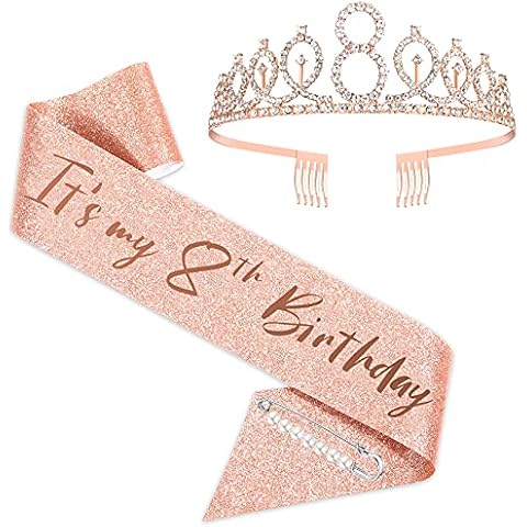SZHUIHER 8th Birthday Sash and Tiara for Girls, Rose Gold Birthday Sash Crown 8 & Fabulous Sash and Tiara for Girls, 8th Birthday Gifts for Happy 8th Birthday Party Favor Supplies Cover