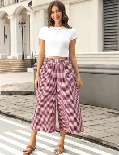 Image of TARSE Women Wide Leg Capri Pants Loose Gingham Plaid Culottes Summer Elastic Waist Palazzo Trousers Bottoms with Pockets
