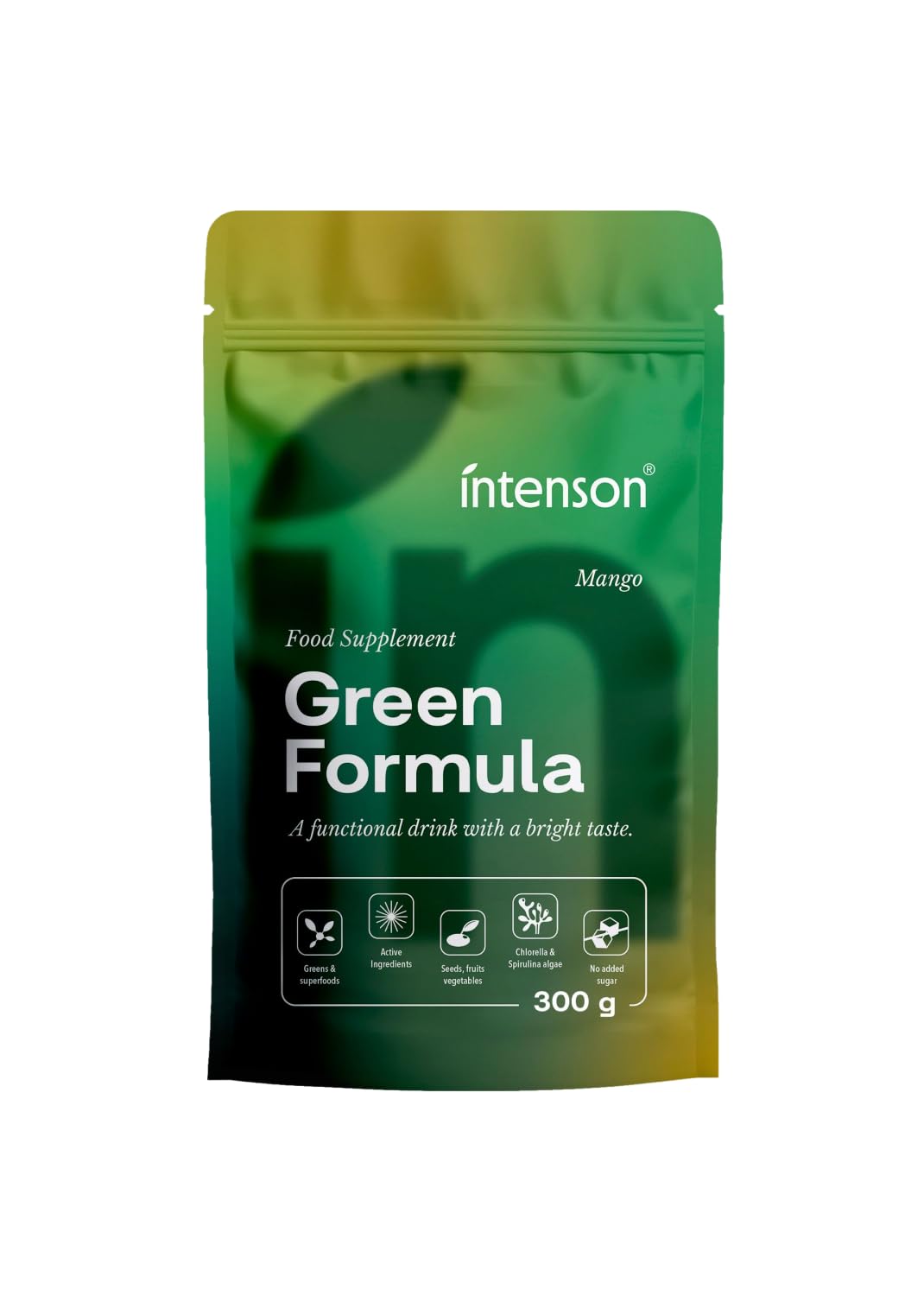 Intenson Green Formula Mango, Super Greens in Polvere, Superfood Blend con Chlorella, Spirulina, Ashwagandha con OPC e Moringa, Senza Zucchero, Naturalmente Dolcificato, Bevanda Funzionale, 300 g