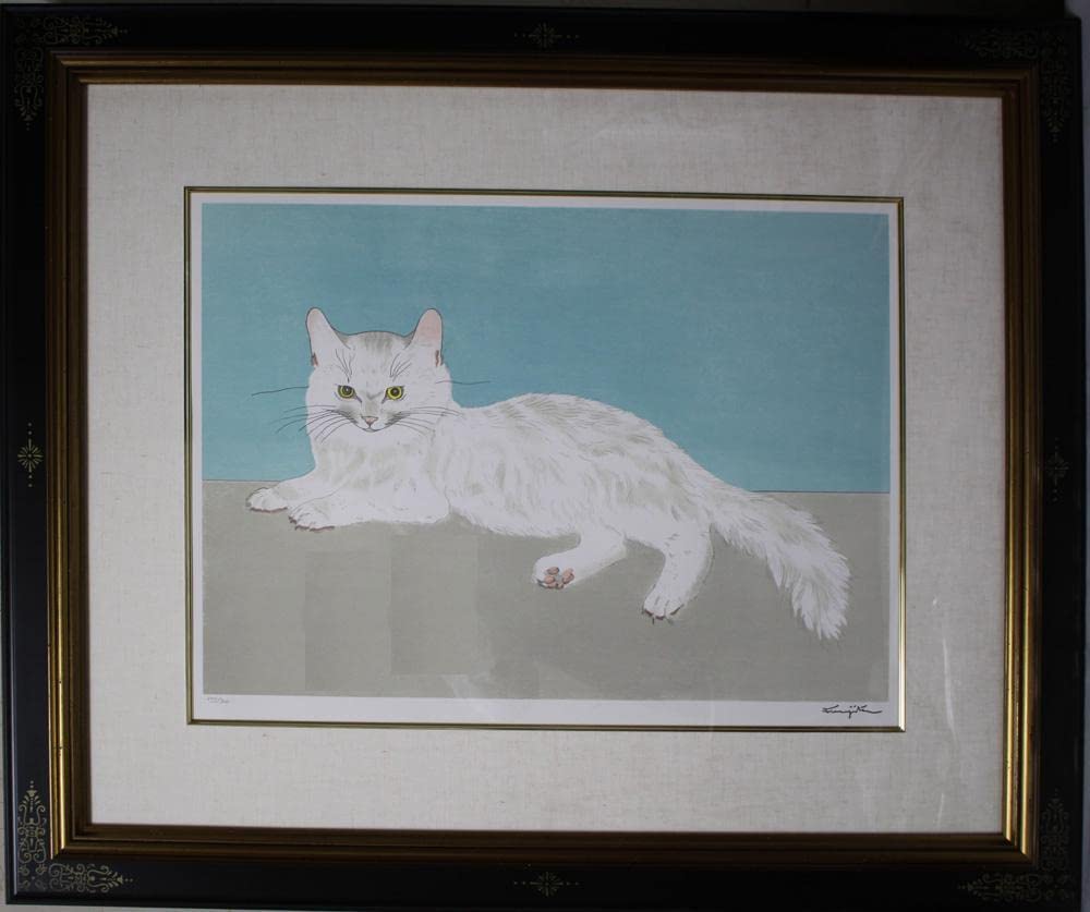 ■真作■藤田嗣治「白い猫」石版画（リトグラフ）サインと印譜入　証明書付 □真作□藤田嗣治「白い猫」石版画（リトグラフ）サインと印譜入証明書付