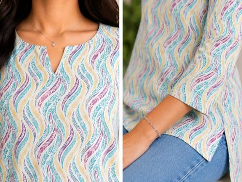 Image of Women Ikat Print Short Kurti Top,Cotton Blend Casual Ethnic Kurta for Women, Stylish Office Kurti Tunic,Lightweight Printed Short Kurti Kurti for V Nack Kurti