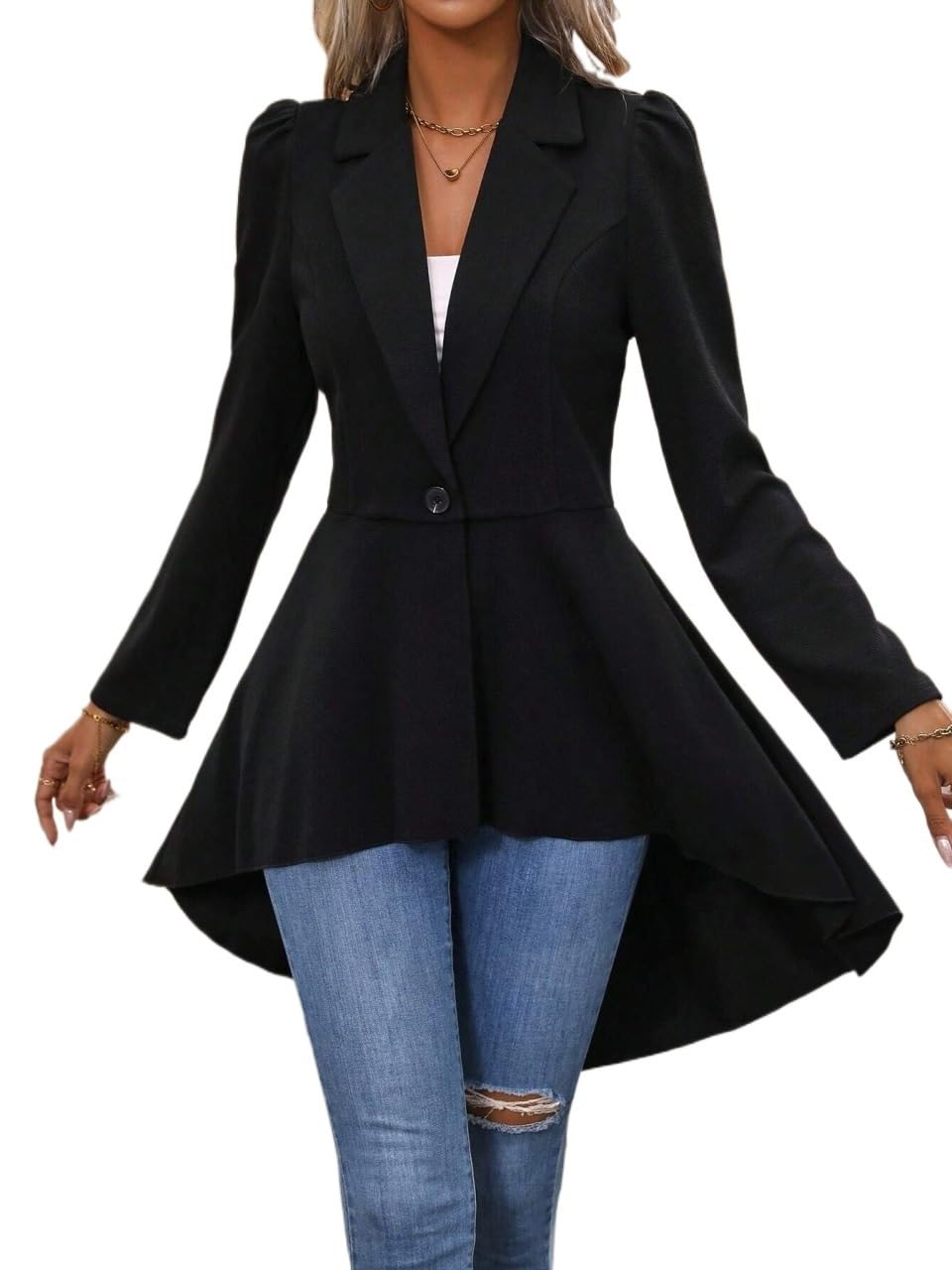 Womens Casual Jacket Blazer Elegant Puff Sleeve Single Button High Low Hem Blazer Long Sleeve Office Coat