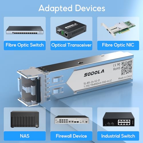Image of SODOLA 1.25G SFP 1000Base-SX Multimode LC Fiber Transceiver, 850nm MMF, 550m, for Cisco GLC-SX-MMD /SFP-GE-S, Meraki MA-SFP-1GB-SX, Fortinet, Ubiquiti UniFi UF-MM-1G, Mikrotik, TP-Link