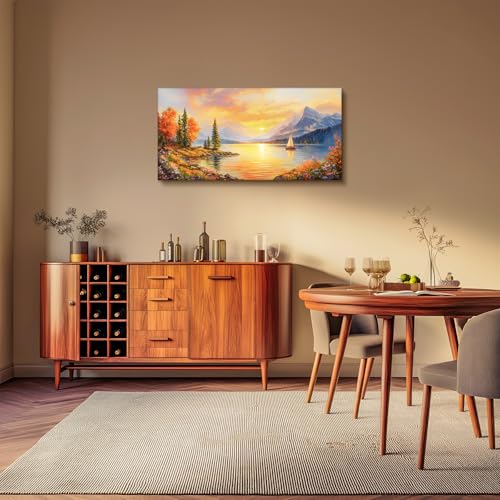 SERIMINO Sunset Landscape Large Wall Art, Mountain Lake Scenic Canvas Prints, Country Nature Scenery Artwork for Walls, Aesthetic Paintings Wall Decor Living Room Bedroom, Rustic Home Decor 20"X40"