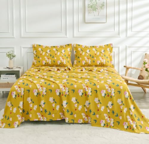 Image of BSB HOME 210 TC Cotton Feel Double Bedsheet with 2 Pillow Covers, Soft & Breathable Floral Printed Bed Sheet, Easy Care Bedding for Bedroom - 86 x 88 Inches (218 x 224 cm) (Mustard Yellow)