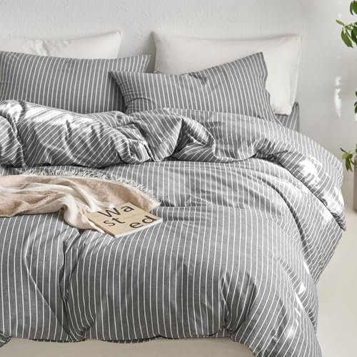 Image of MooMee Striped Duvet Cover Set 100% Washed Cotton Linen Like | Relaxed Linen-like Texture. Soft, Breathable & Long-lasting Comfort. Lightweight. Hidden Zipper with 8 Interior Corner Ties