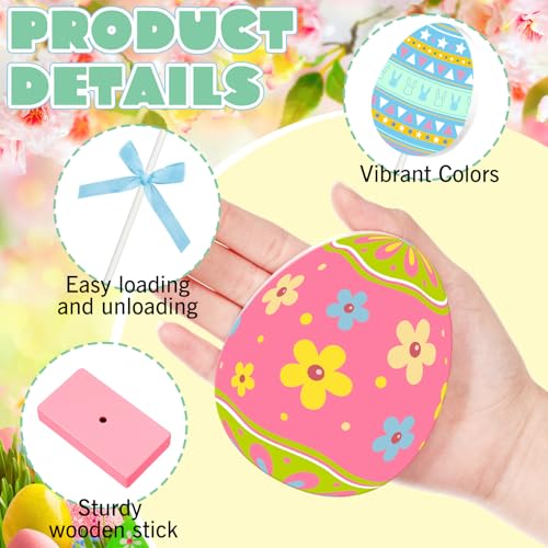 Image of Briwooody 6 Pcs Easter Table Decorations Eggs Wooden Sign Set Spring Tall Standing Sign Colorful Table Centerpiece Bunny Floral Pattern Tabletop Decor for Spring Party Easter Decorations Home