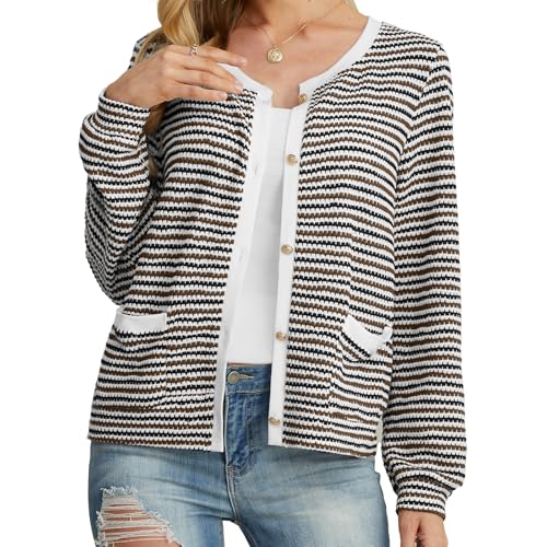 Image of FREEOAK Women's Khaki Casual Dressy Stirped Cardigan with Patch Pocket Sweaters Crew Neck Lady Lightweight Jacket 2024 Fall Winter Size XL