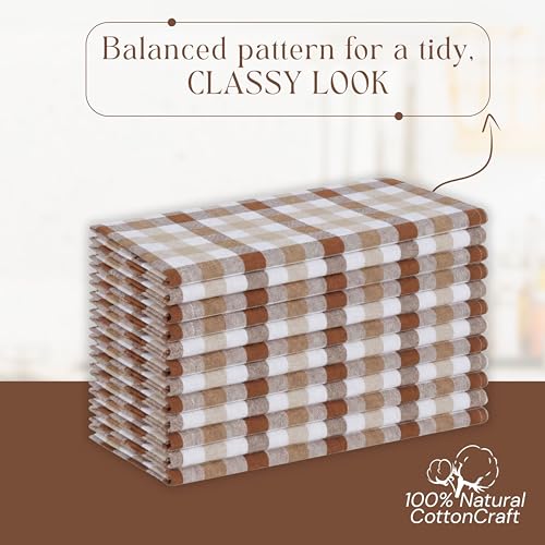 Image of Checked Dish Towels 4 Pack, 18x26 Inches, Quick Dry Towels for Kitchen, Durable, Reusable, Absorbent Wash Cloths Set, Washable Fabric, Heavy Duty for Daily Use - Brown, Beige, White