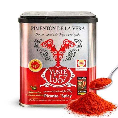 Pimentón de la Vera Ahumado Picante, Denominación Origen Protegida, Pimentón Yuste 1557, Producido en Extremadura, Ideal para guisos, carnes, salsas, embutidos y platos tradicionales, 1 bote de 75 gr