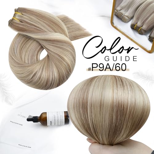 Moresoo Weft Hair Extensions Remy Human Hair Weft Light Brown with Platinum Blonde Sew in Hair Extensions Human Hair 16 Inch 100g/Pack #P9A/60 - Image 2