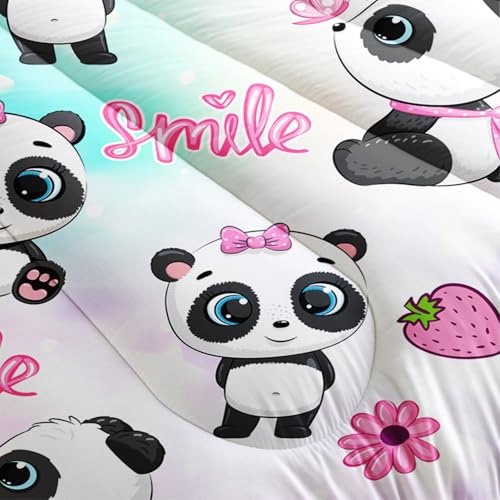 Image of AILONEN Cute Panda Comforter Set Twin Size, Cartoon Animal Panda Bedding Set for Kids Girls,Flower Strawberry Duvet Set 3Pcs for Bedroom Decor,1 Quilt and 2 Pillowcases,Soft