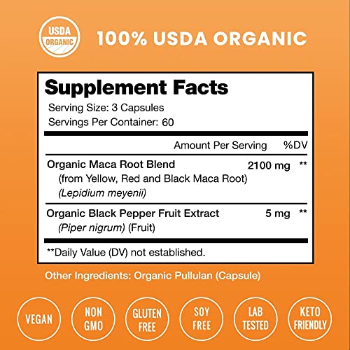 Organic Maca Root Capsules For Women & Men | Black Red Yellow 2100Mg, 180 Vegan Capsules | Peruvian Maca Root Powder Supplement | Gelatinized With Black Pepper | Mood Support, Reproduction & Energy #TOP1