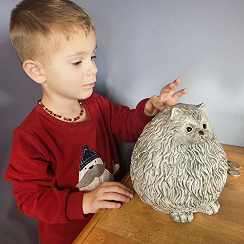 Image of Winsterch Ceramic Piggy Bank, Grey, Cute Cat Money Bank for Kids & Adults | 7.49 x 5.9 Inches, Large Capacity, Combines Educational and Decorative Functions, Saving Box Coin Bank Gift for Girls