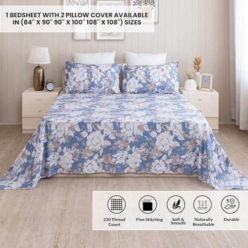 Image of HOMEMONDE Premium Cotton King Size Bedsheet 108 x 108 Inch, 210 TC Floral Printed Flat Sheet with 2 Pillow Covers, Elegant Gift Box Included | Perfect for Home Decor & Gifting