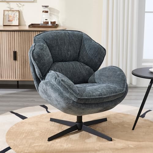 chairus Fauteuil Salon en Chenille Chaise Pivotante à 360 °de Bureau avec Accoudoirs Chaise de Chambre avec Double Dossier, Bleu