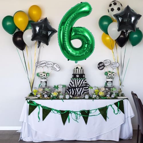 Image of TONIFUL 32 Inch Soccer Balloons Set 6st Birthday Decoration Green Number 6 Foil Soccer Balloon Black Star Balloons for Children's Boys Birthday Party Football Themed Party Supplies